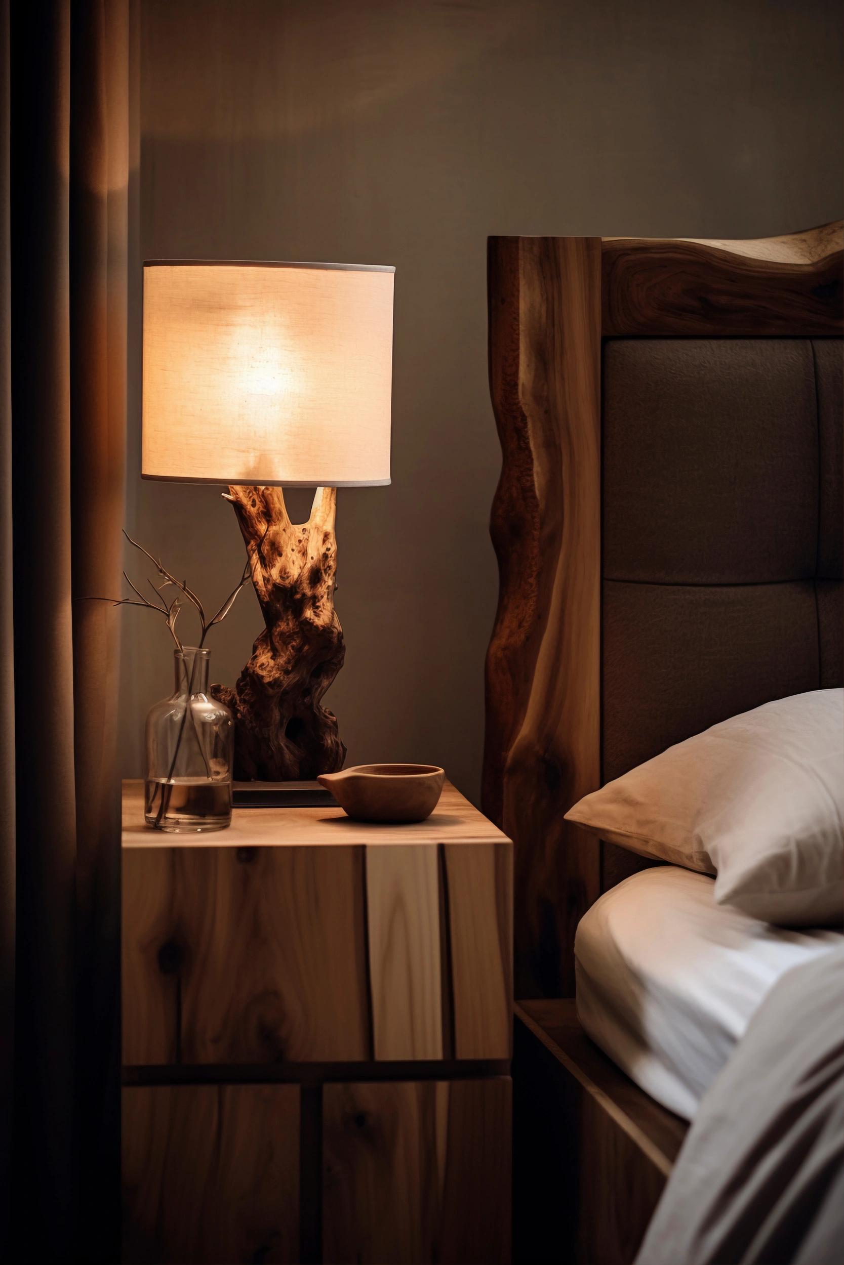 Lampe en bois sculplté et table de chevet dans une chambre de l'hôtel San Andrea