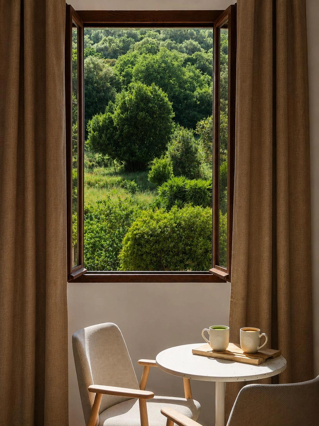 Tasses cafe et matcha posés sur une table dans une chambre de l'hôtel San Andrea
